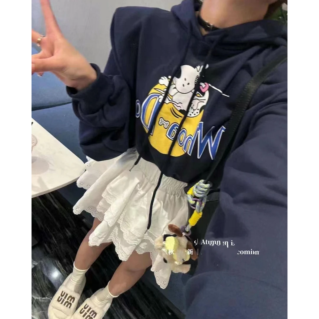 卡通印花连帽卫衣女秋季新款宽松休闲上衣➕蕾丝半裙