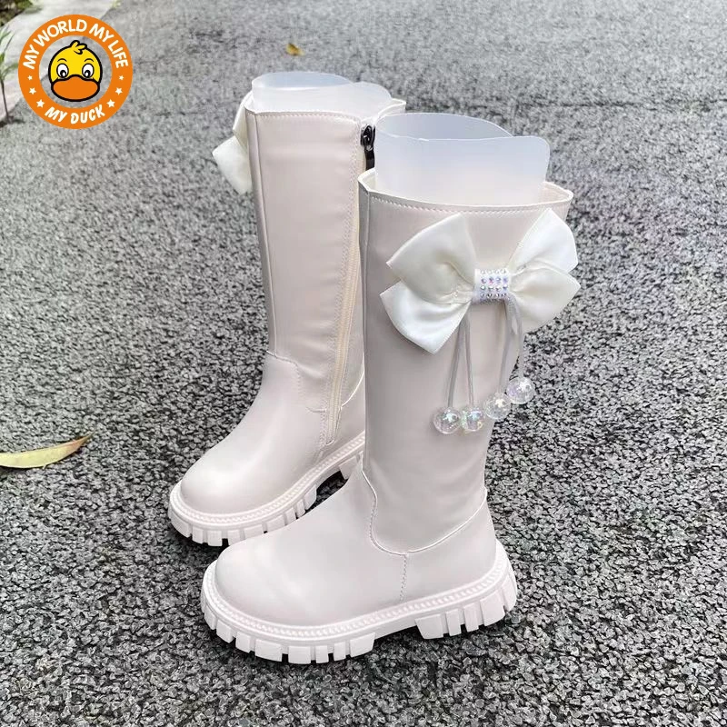 MYDUCK小黄鸭女童长筒靴2024年冬新款百搭公主女孩加绒软底儿童长