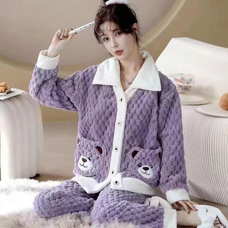 泡泡熊睡衣女加绒冬季女款家居服套装女