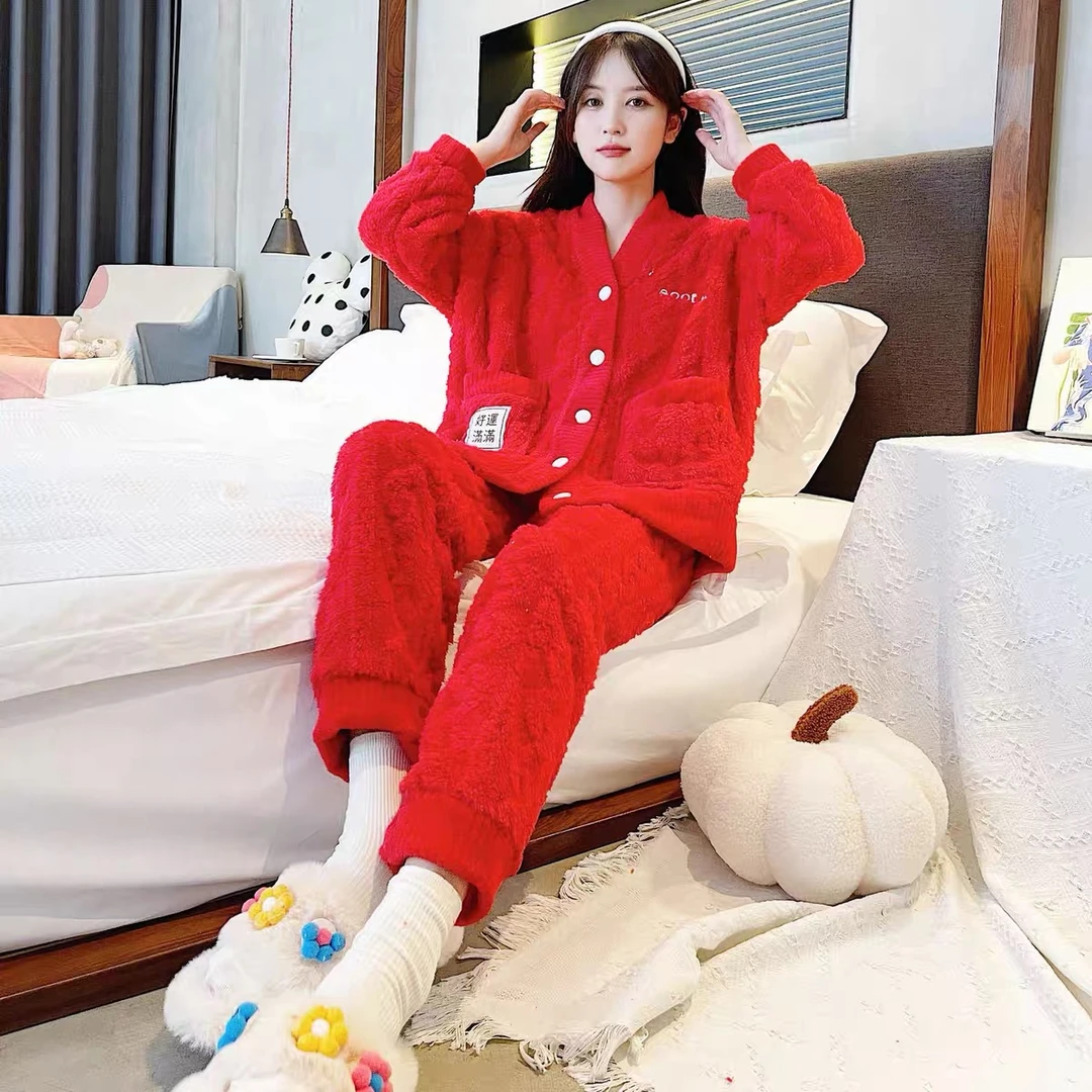 2023秋冬新款红色睡衣女加绒加厚冬季大红本命年可外穿家居服