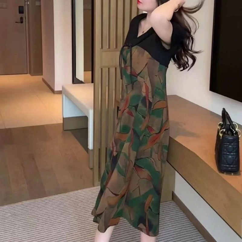 【闭月羞花】正品宽松连衣裙遮肚子显瘦长款女装连衣裙V领长裙子