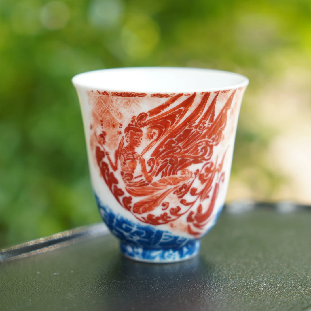 纯手绘釉下五彩拓印闻香主人杯醴泉窑