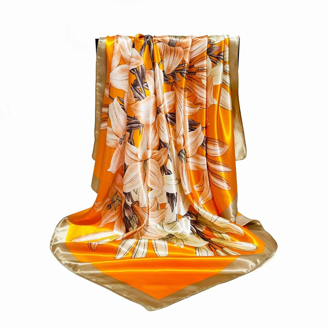 复古桔底百合花90*90大方巾