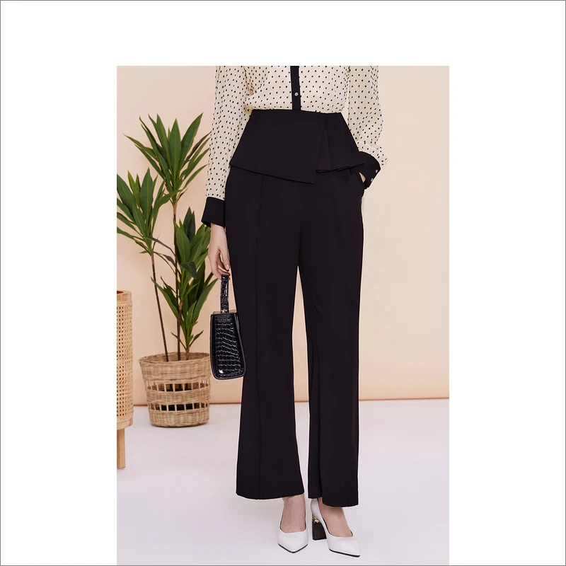 YINER音儿女装春秋款气质珍珠系袢微喇黑色直筒休闲裤8C63120176