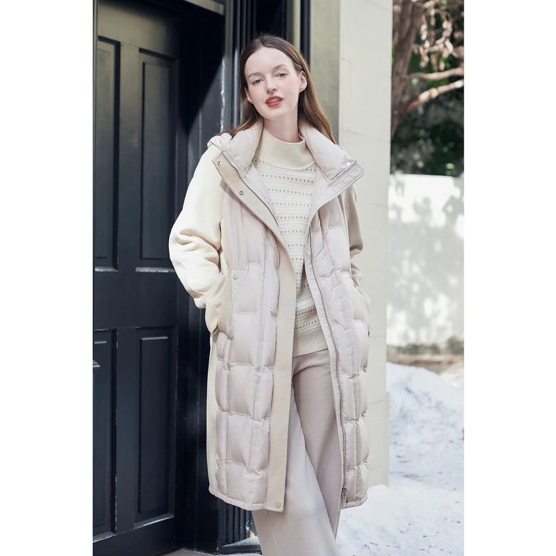 YINER音儿2024冬季新款中长款撞色拼接连帽羽绒服8C64508216