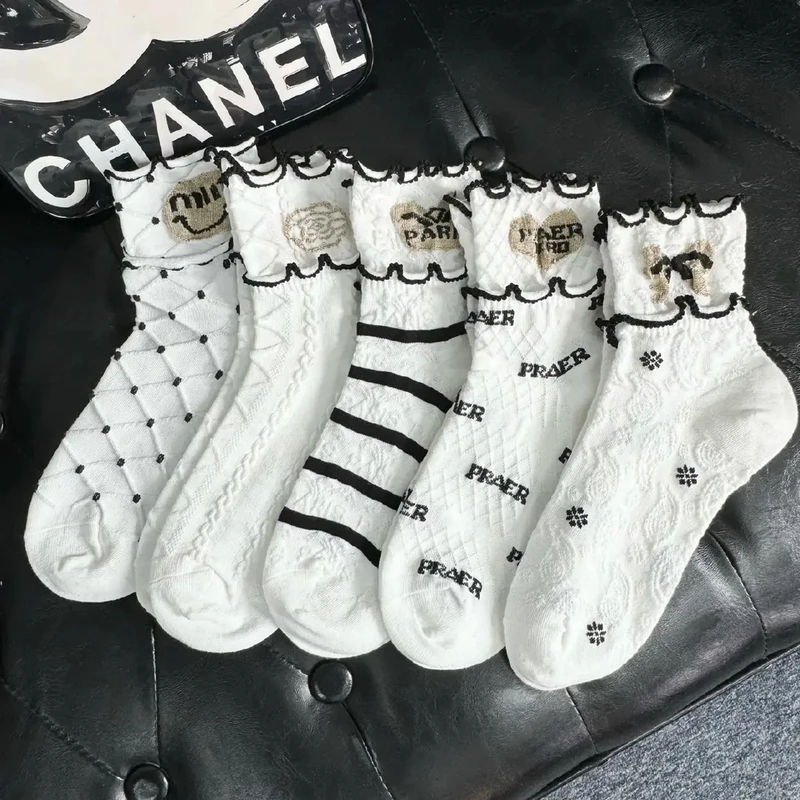 黑白色夏季木耳边春夏袜子女短袜ins潮薄款学生透气中筒袜百搭sy