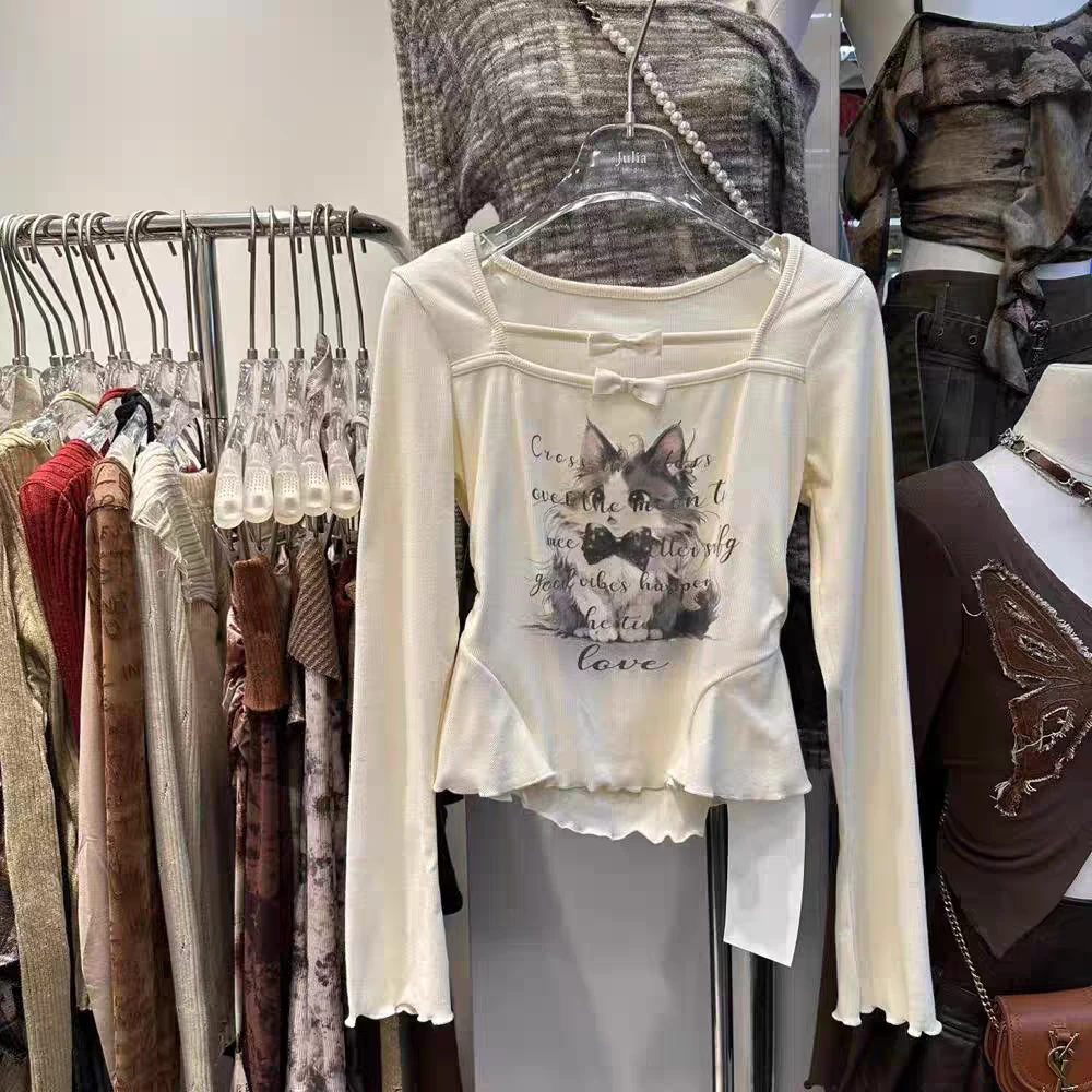 美式气质辣妹修身2024新款可爱小猫图案短款上衣