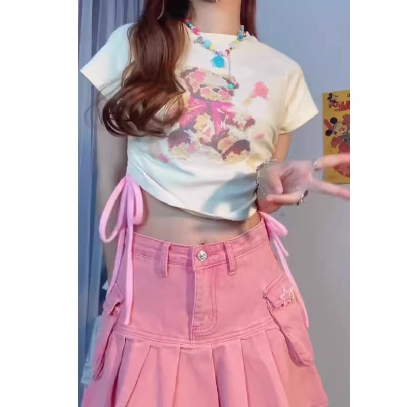 气质多巴胺小熊印花正肩短袖T恤女夏季设计感修身短款上衣