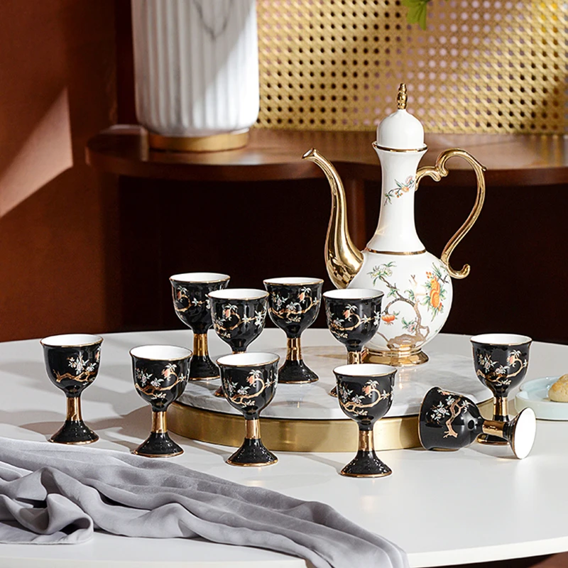 酒具套装高档骨瓷欧式轻奢酒壶酒杯家用中式金边创意陶瓷复古酒具