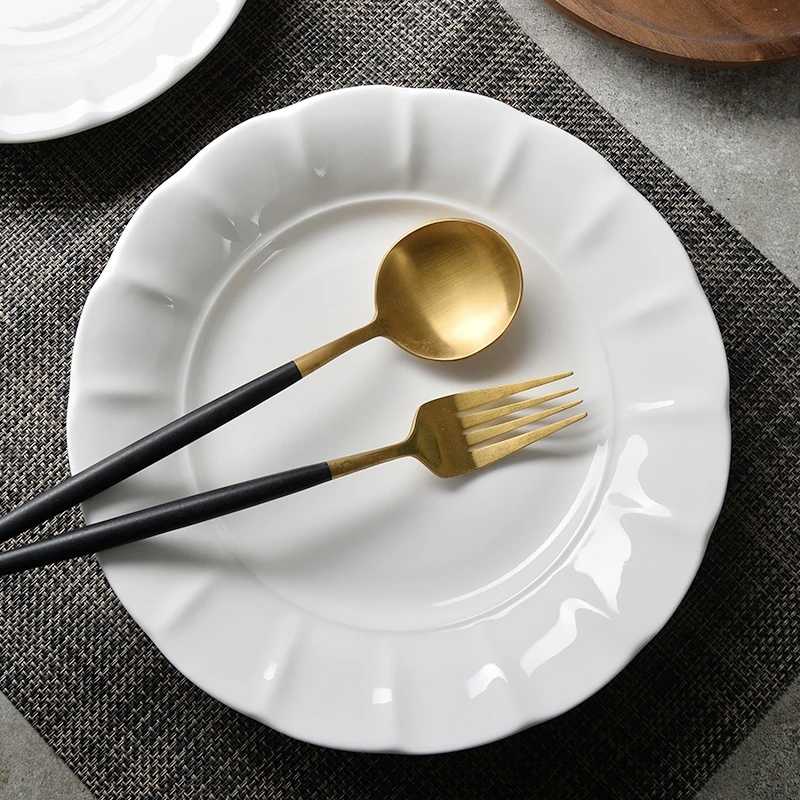 隆玫格纯白色家用餐具酒店西餐盘汤盘菜盘子盘子高级感浮雕深盘碟