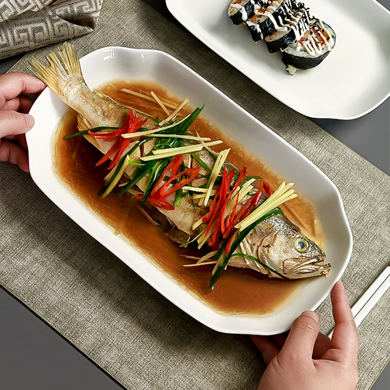 隆玫格纯白骨瓷家用蒸鱼盘10/12/14寸深鱼盘精致小鱼盘陶瓷大鱼盘