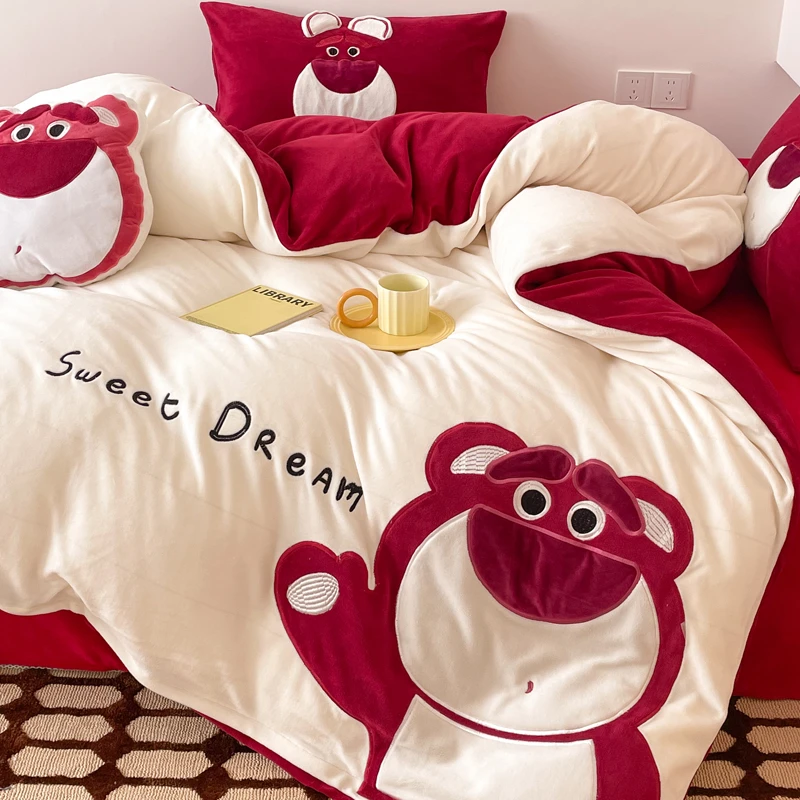 迪士尼牛奶绒床上四件套冬季法莱绒加厚双面绒被套床单床笠三件套