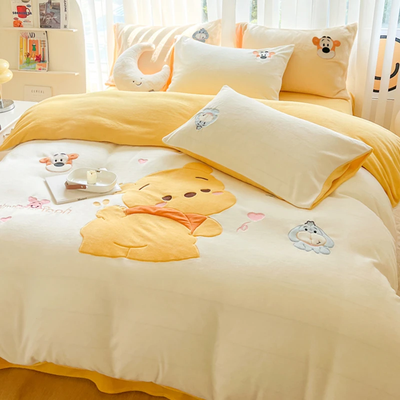 迪士尼牛奶绒四件套卡通双面加厚保暖珊瑚法兰绒床单人宿舍三件套