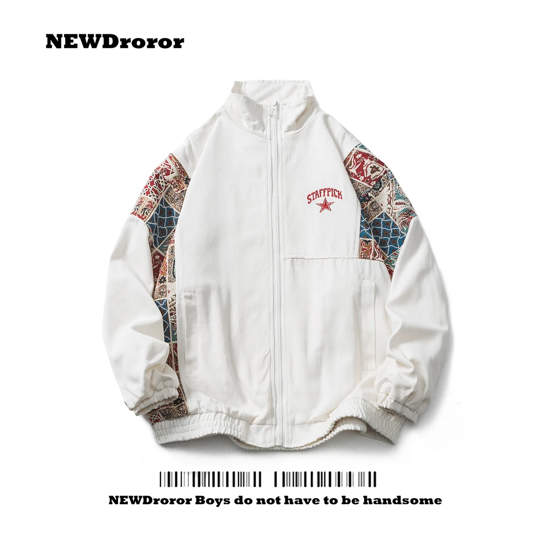 NEWDroror潮牌中国风拼接立领外套男复古街头宽松情侣百搭夹克