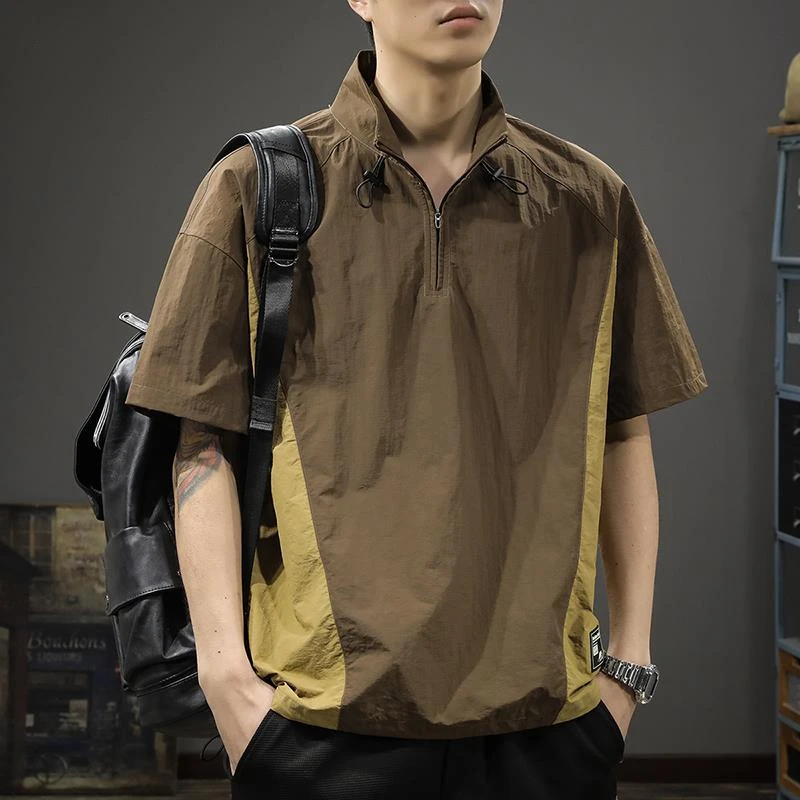 美式机能风速干冰丝Polo衫男短袖t恤夏季潮牌轻薄半拉链休闲体恤