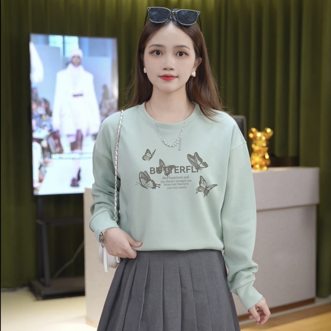 秋季圆领长袖秋冬印花卫衣上衣休闲小个子短款百搭洋气新款卫衣女