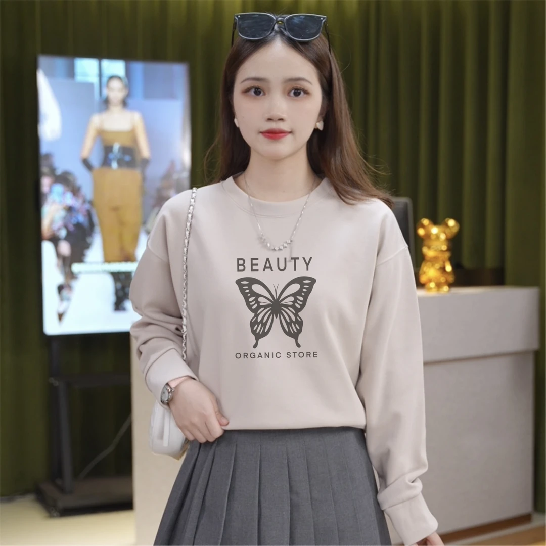 早秋新款韩版圆领短款蝴蝶女宽松休闲显瘦长袖百搭上衣秋冬卫衣