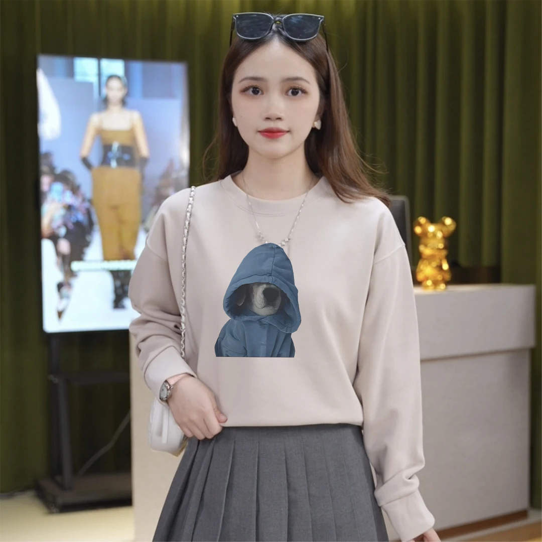 早秋新款韩版圆领短款狗狗女宽松休闲显瘦长袖百搭上衣