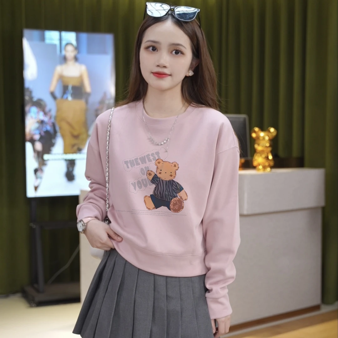早秋装新款圆领短款条纹小熊女宽松休闲显瘦长袖百搭上衣