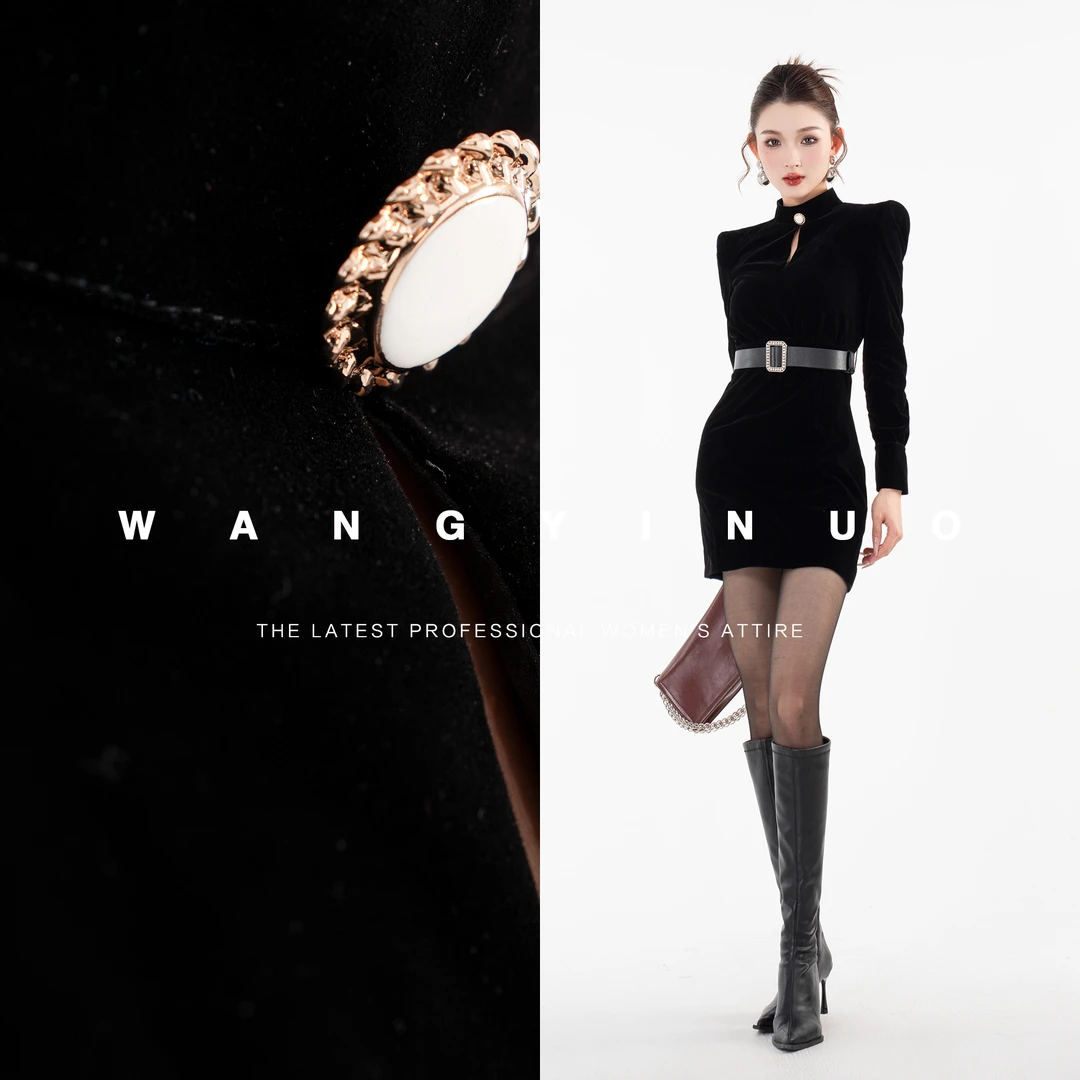 MD现货·依诺【妩媚佳人】2024显瘦设计师优雅黑色丝绒女装连衣裙