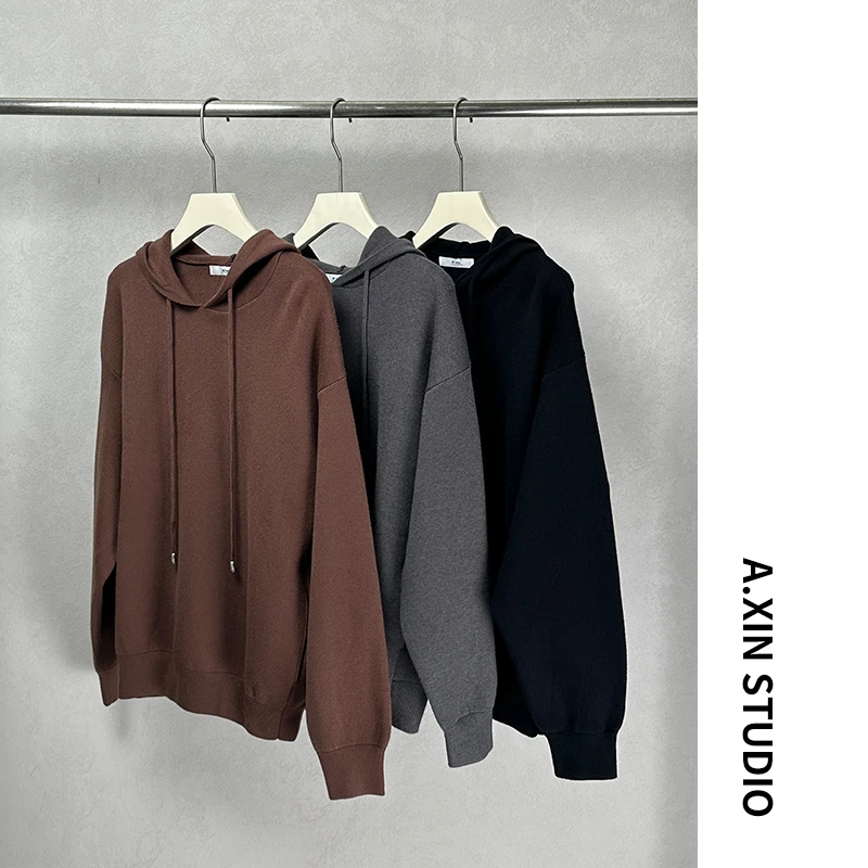 【阿信】高支密连帽针织衫男士纯色休闲带帽毛衫韩版简约长袖毛衣