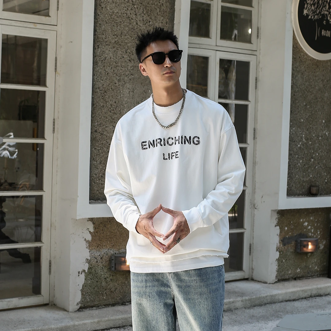 【洗水休闲系列】100%纯棉T恤男潮牌圆领长袖韩版宽松休闲百搭