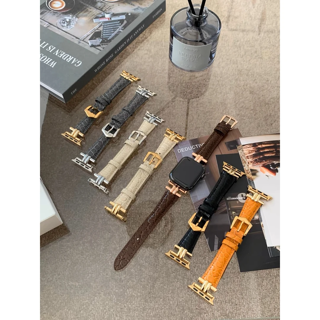 凯旋门压纹圆鳄真皮表带适用于苹果applewatch78代65SE小蛮腰细款