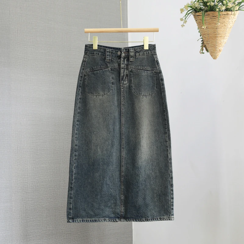 水泥灰牛仔半身裙女春夏2024新款150小个子a字开叉直筒裙