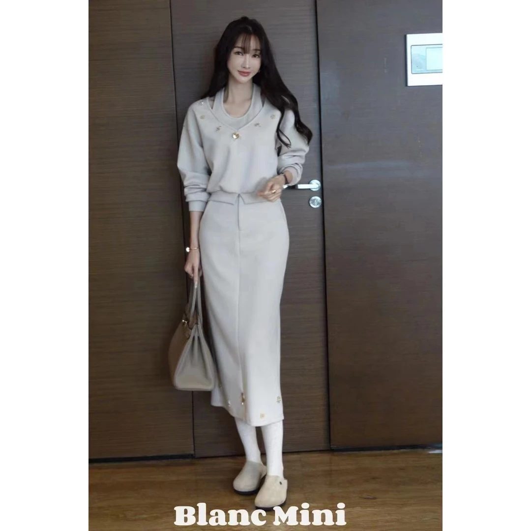 【MiNi推荐】韩版时尚假两件连衣裙气质长袖裙子套装女JD0955