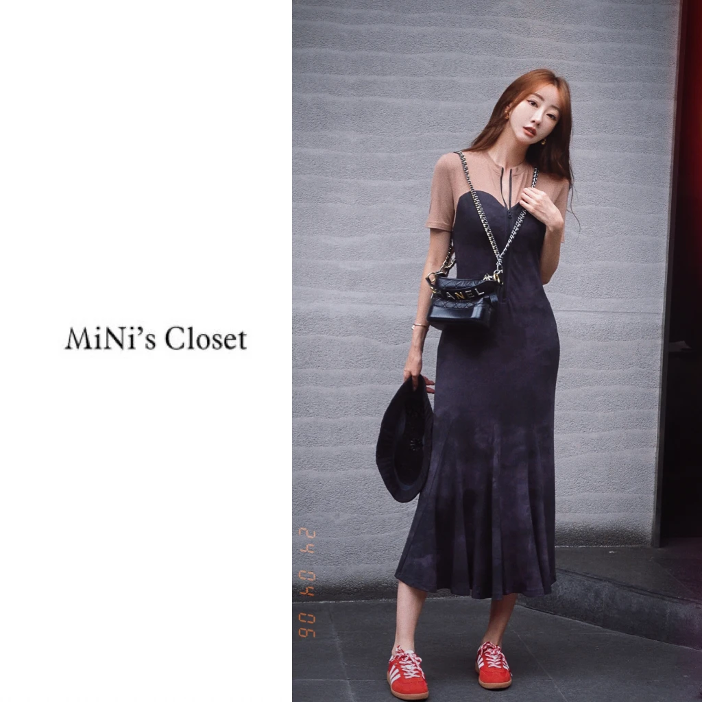 【MiNi推荐】高定撞色拼接复古修身收腰连衣裙气质短袖裙子女JD0828