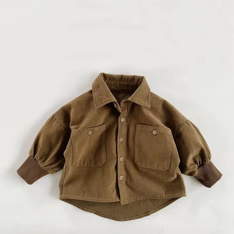 2025秋季新品韩版百搭中小童男童磨毛单排扣长袖衬衫2257