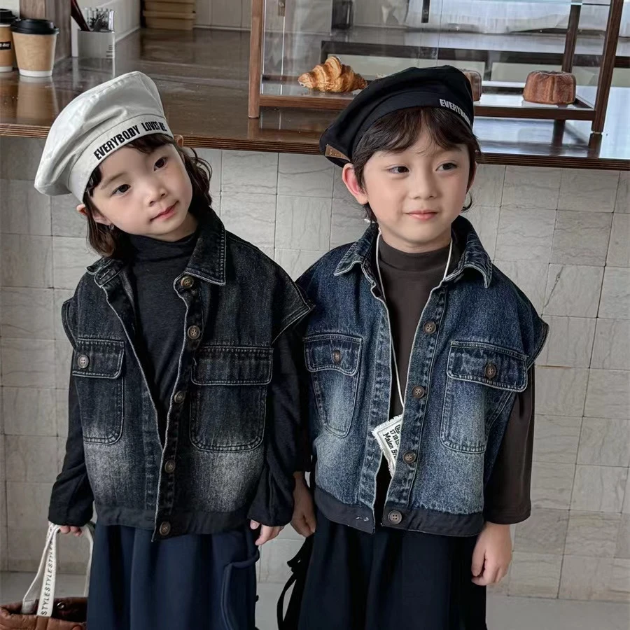 202春季新品韩版中小童男女童复古做旧牛仔马甲2427