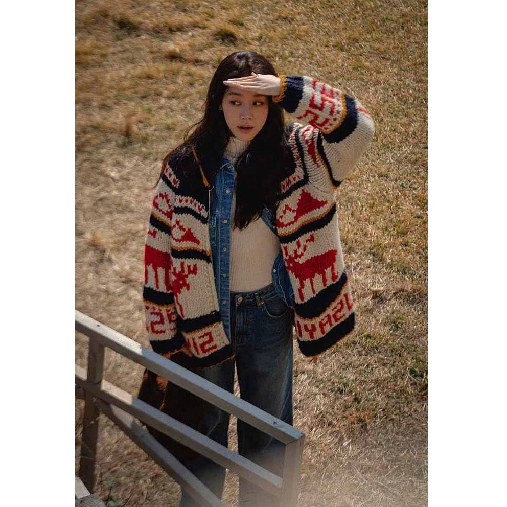 婉儿专属 圣诞麋鹿加厚氛围感毛衣外套女复古慵懒风