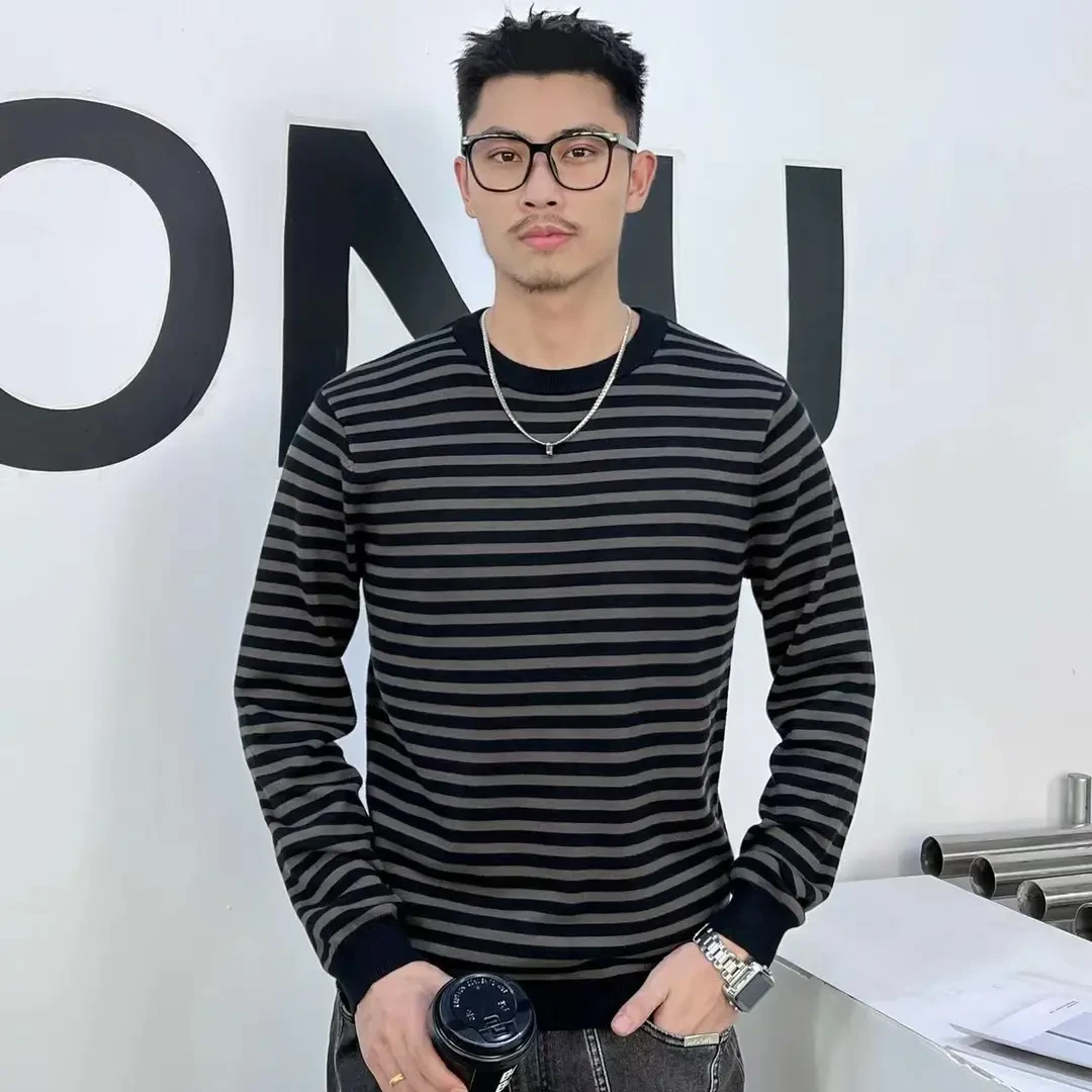 2024秋季男士高端时尚条纹圆领针织潮流修身休闲帅气百搭男装