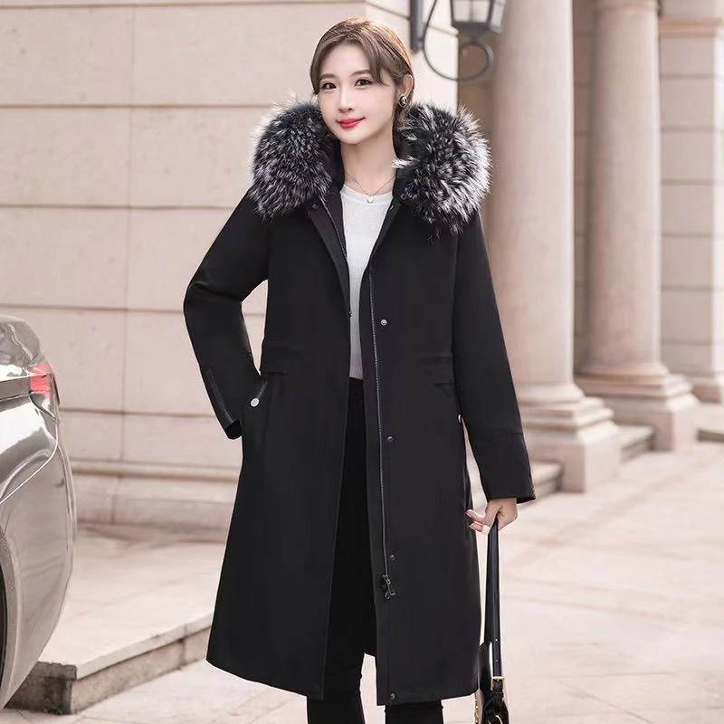 【羽、绒●兔毛胆】80/1米衣长可脱卸女款连帽保暖时尚大气冬季大毛领