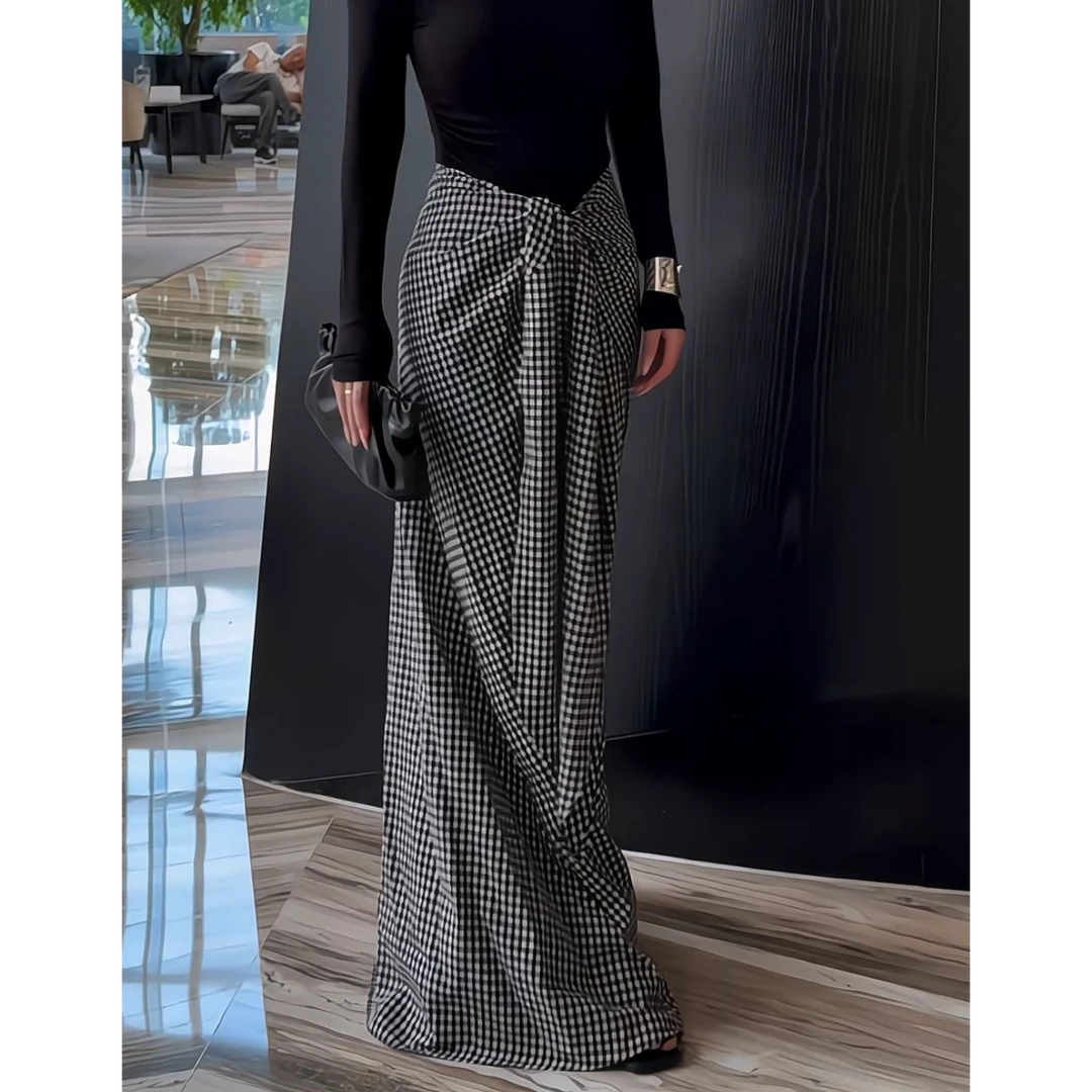 DOUDOUMANMAN-设计师黑白格子休闲高腰显瘦垂感宽松半裙