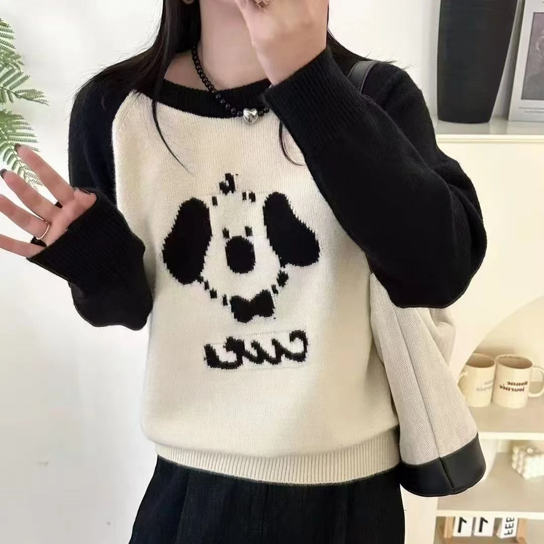 大码洋气显瘦厚款浣熊小狗时尚打底套头百搭宽松毛衣女长袖针织衫