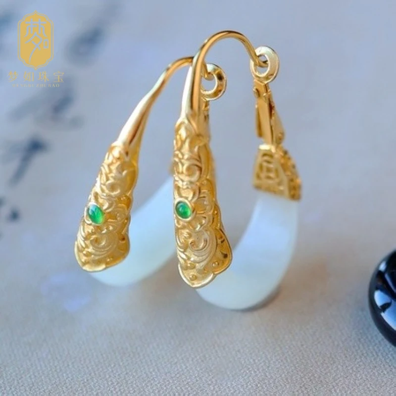 凝雪·银镶和田玉耳坠MTS配旗袍专用耳环耳坠新中式穿旗袍必备耳环