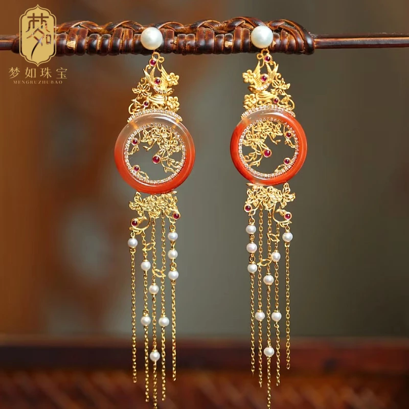 佳期如梦·18k金南红花丝花窗流苏耳坠ZS