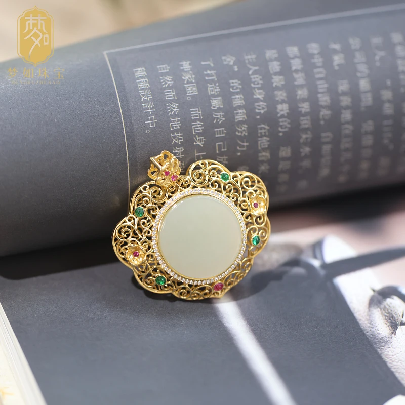 圆满·银镶和田玉圆牌吊坠SY古典中国风如意平安圆牌吊坠