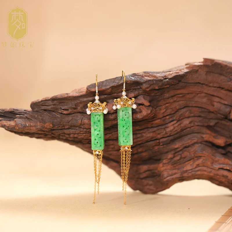 18k金翡翠宫灯雕花耳坠YG耳坠古风