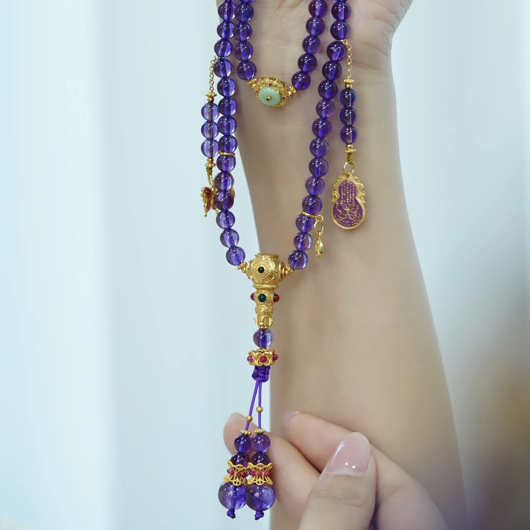 紫玲·银镶水晶圆珠项链QJ紫色水晶