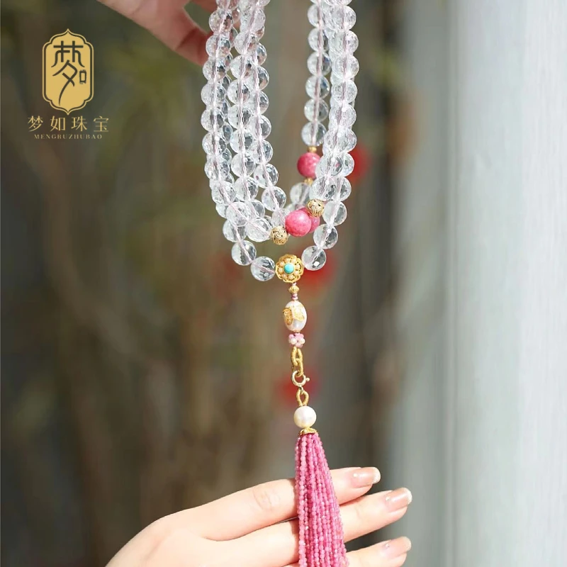 雨棠·银镶天然圆珠雕刻流苏白水晶项链ZS中式国风时尚（可斜挎）