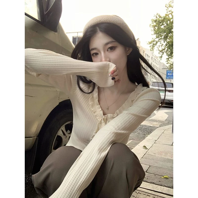 韩系纯欲气质甜辣荷叶花边修身上衣显瘦洋气百搭长袖恤女秋v领ins