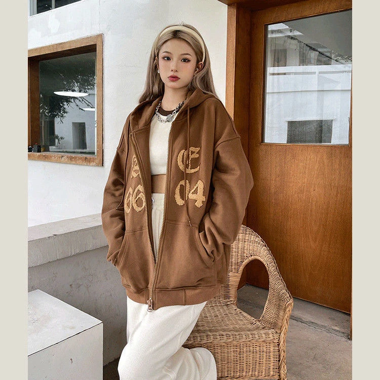 复古棕多色连帽卫衣女秋冬加绒加厚拉链外套开衫慵懒风宽松上衣潮