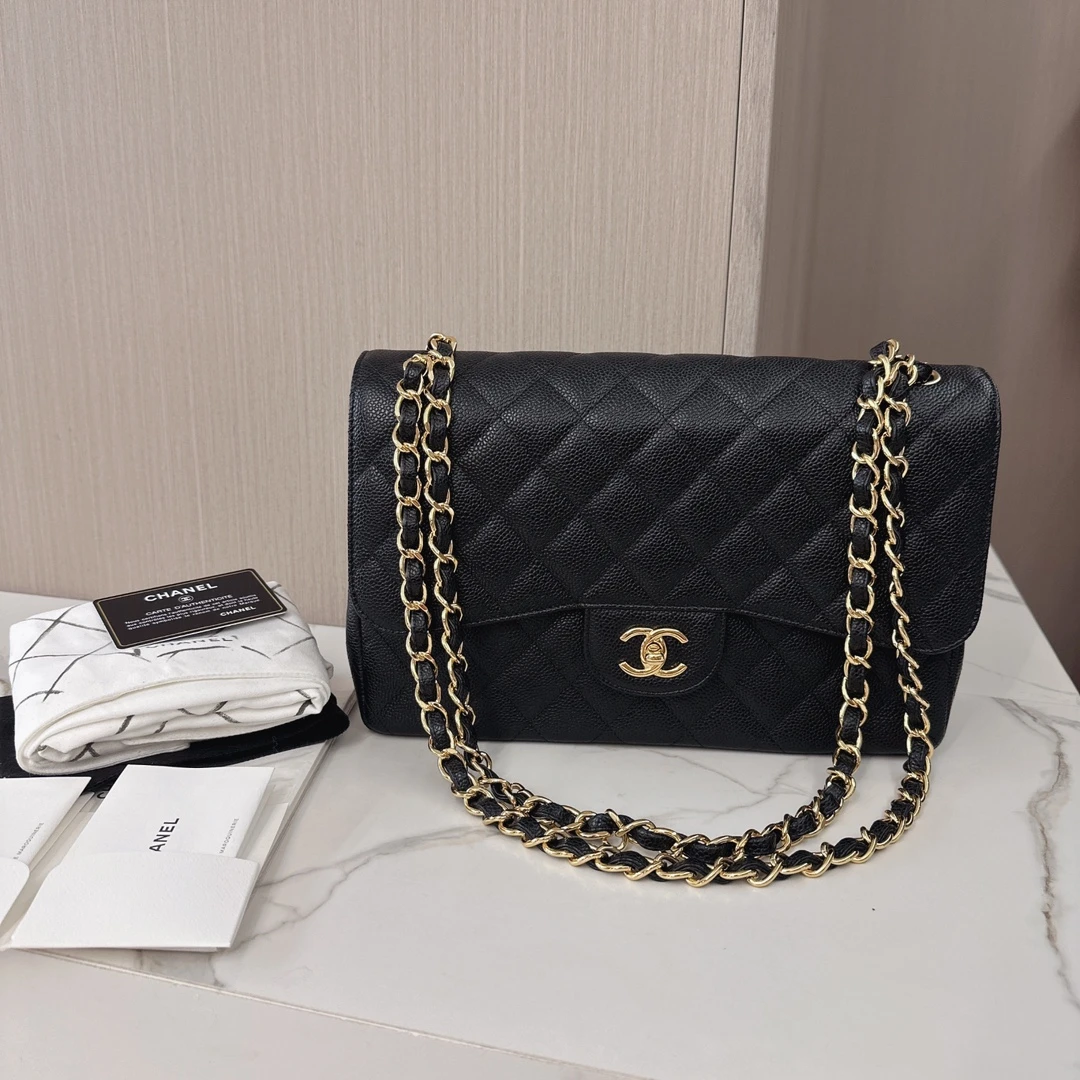 95新  孟溪专属/ Chanel CF jumbo 黑金配色 荔枝牛皮 #9231