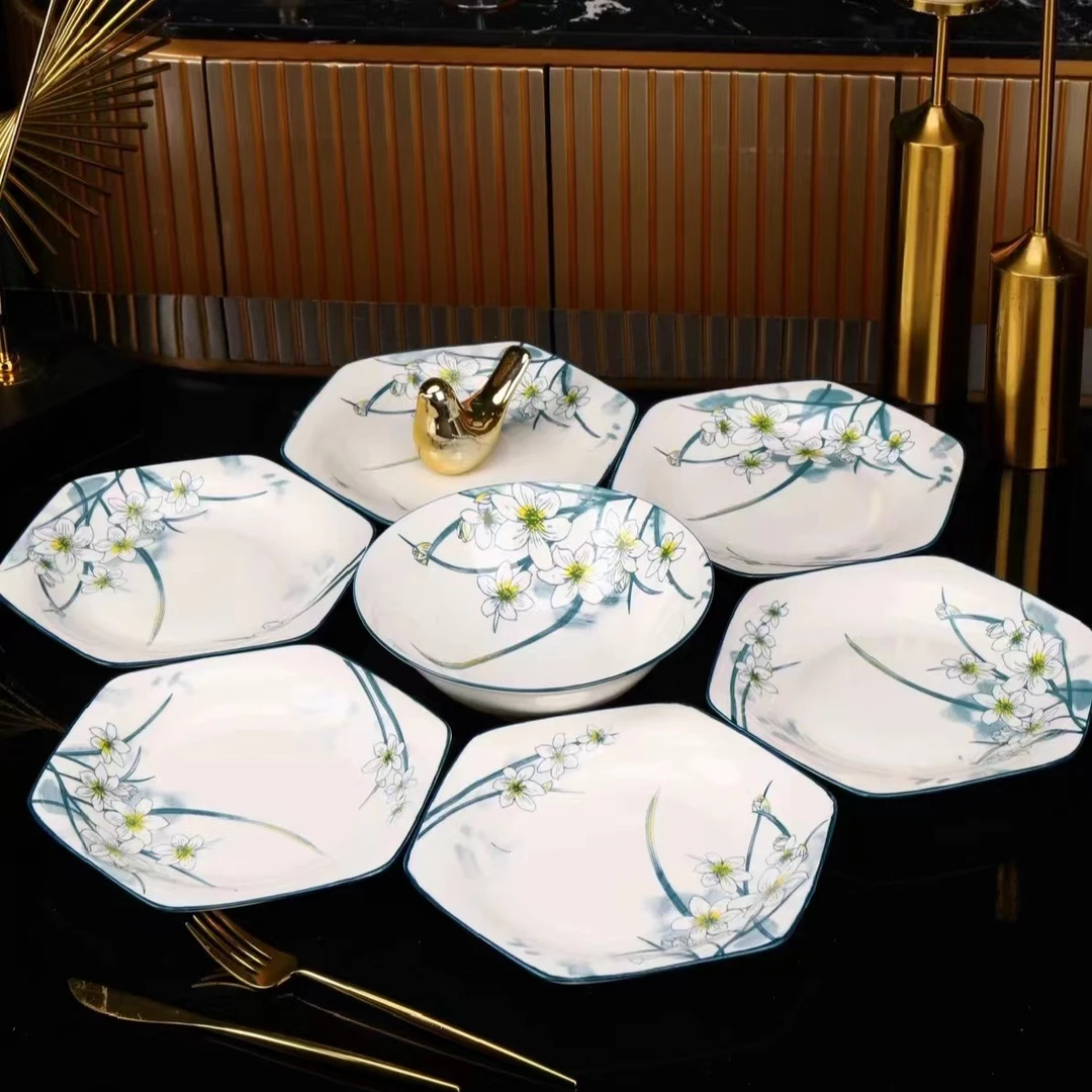 发水仙花新骨瓷8.5英寸六角盘8件套 破损联系客服