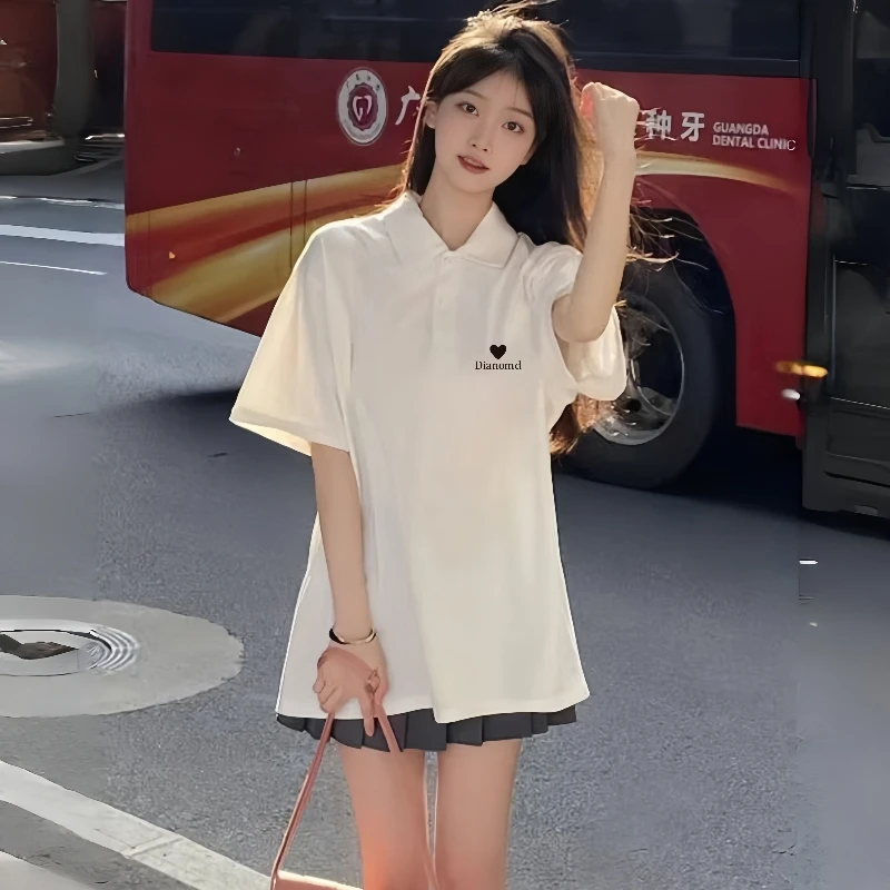 白色polo衫上衣短袖t恤女半袖夏款宽松日系学生情侣韩版翻领印花