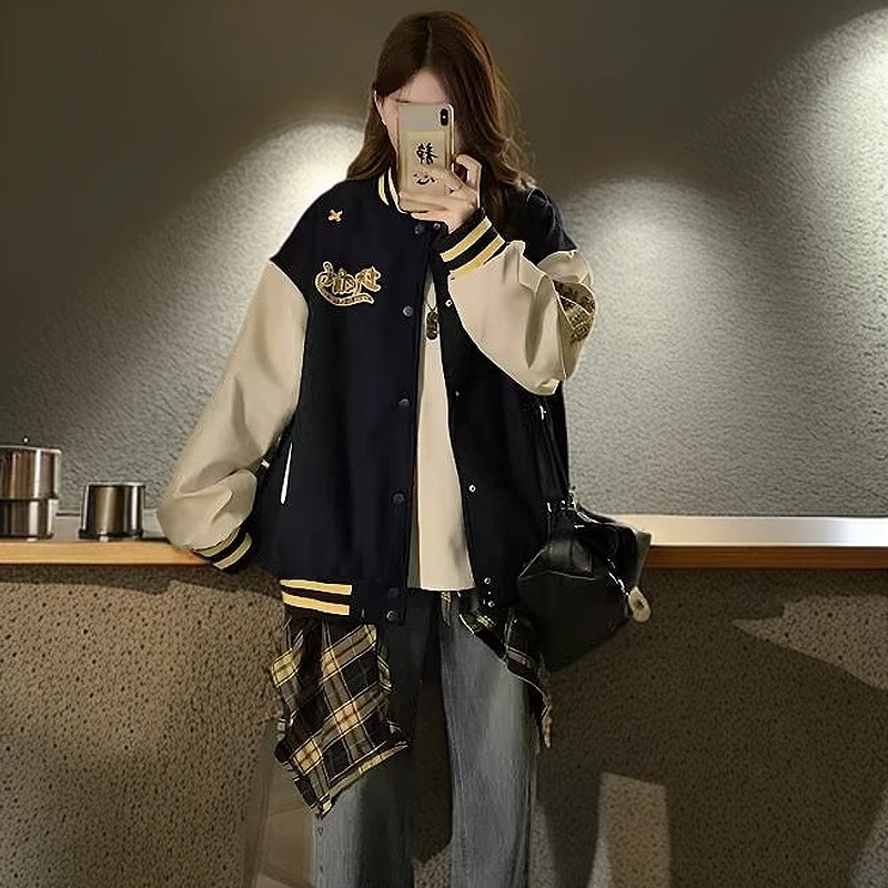 时尚秋冬女外套美式撞色棒球服外套宽松百搭夹克上衣潮流保暖外套