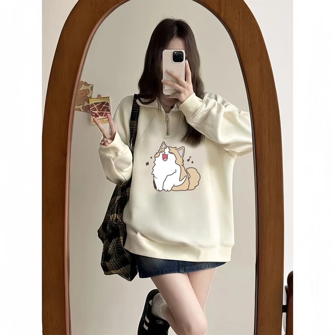 韩系慵懒感印花长袖T恤宽松显瘦长袖上衣小众设计感半拉链卫衣女